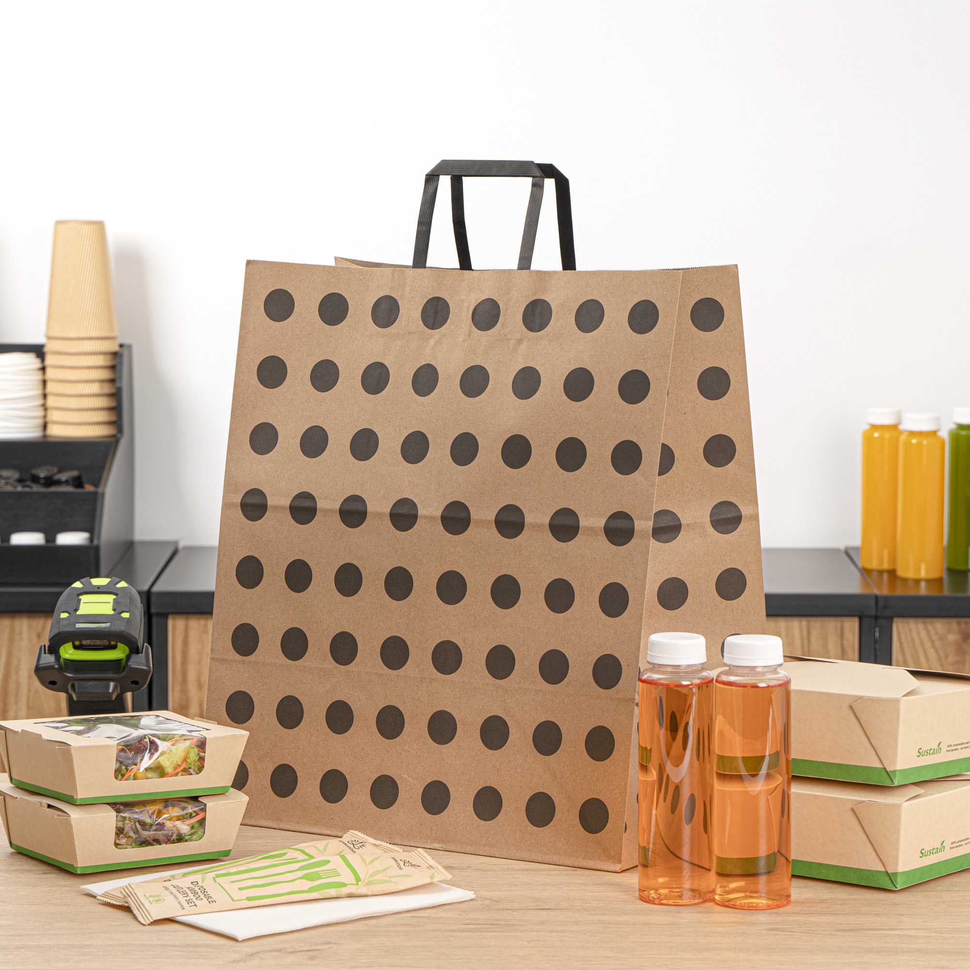 Saving Nature Kraft Paper Large Retail Bag - Black Polka Dot, with Handles - 16" x 9 3/4" x 17 1/4" - 100 count box