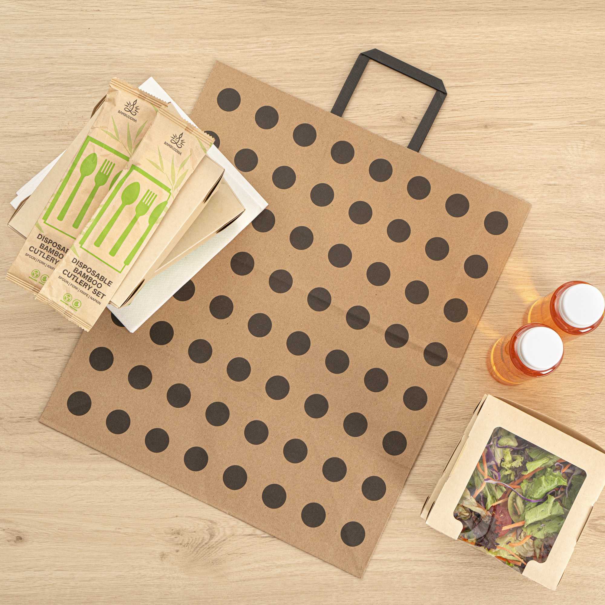 Saving Nature Kraft Paper Large Retail Bag - Black Polka Dot, with Handles - 16" x 9 3/4" x 17 1/4" - 100 count box