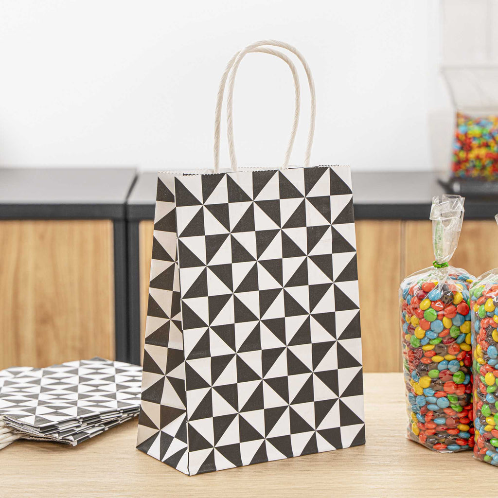 Vogue White Paper Small Shopping Bag - Black Geo Print, with Handles - 6" x 3 1/4" x 8 1/4" - 100 count box