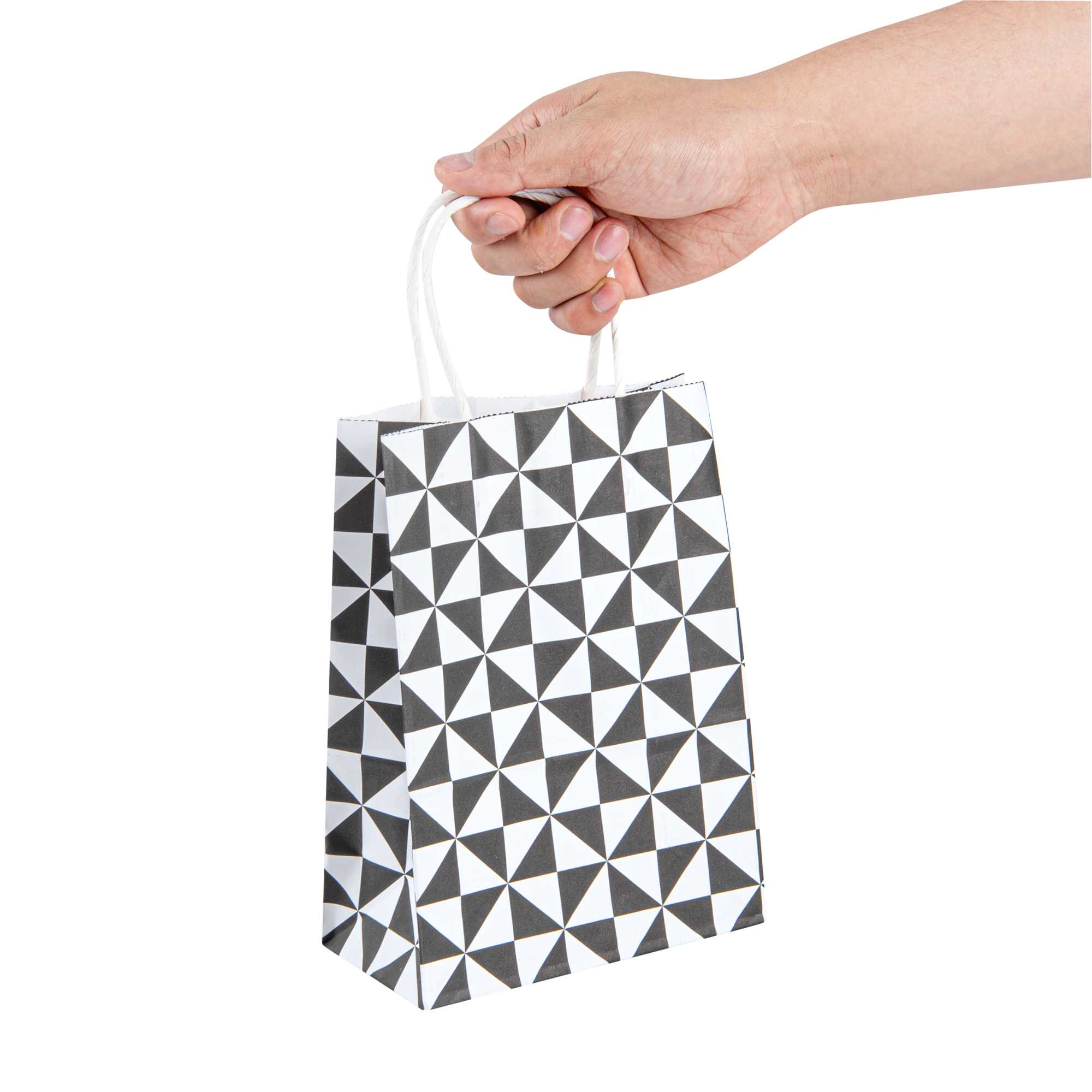 Vogue White Paper Small Shopping Bag - Black Geo Print, with Handles - 6" x 3 1/4" x 8 1/4" - 100 count box