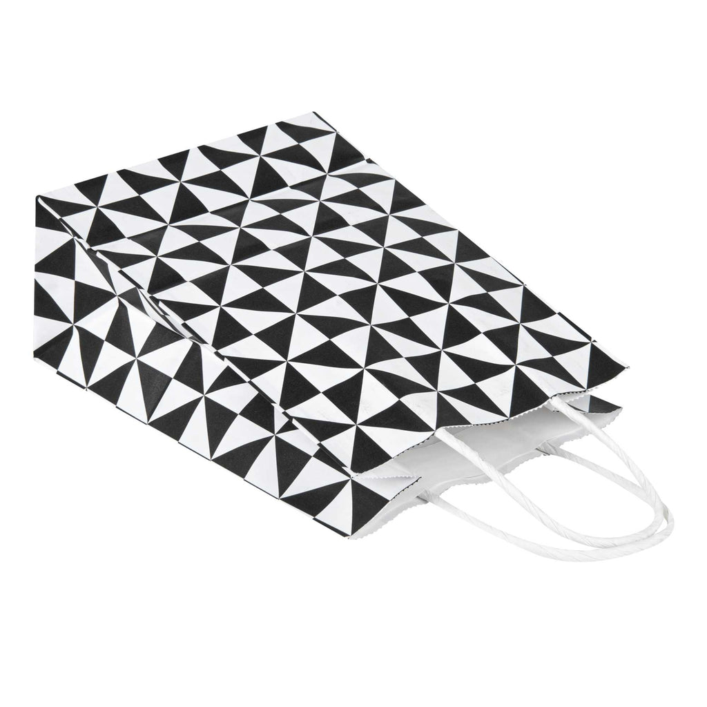Vogue White Paper Small Shopping Bag - Black Geo Print, with Handles - 6" x 3 1/4" x 8 1/4" - 100 count box