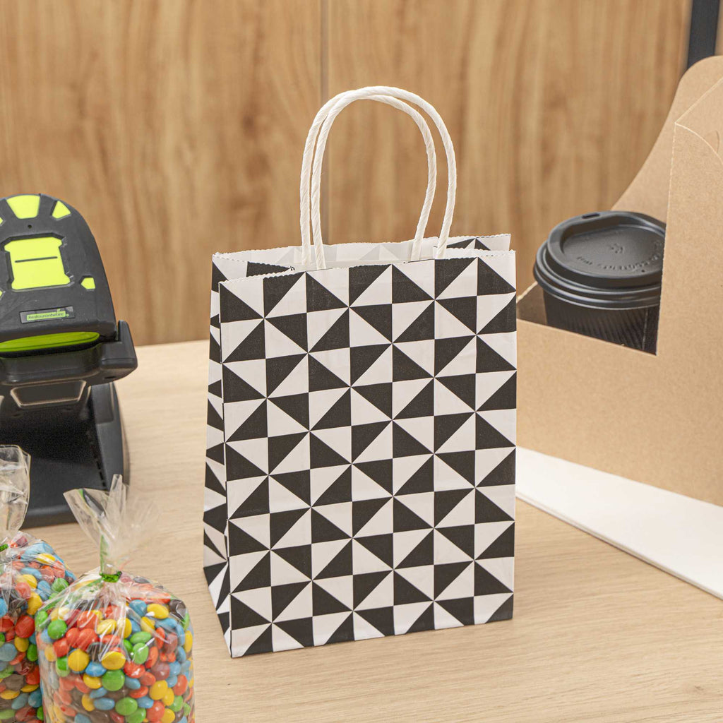 Vogue White Paper Small Shopping Bag - Black Geo Print, with Handles - 6" x 3 1/4" x 8 1/4" - 100 count box