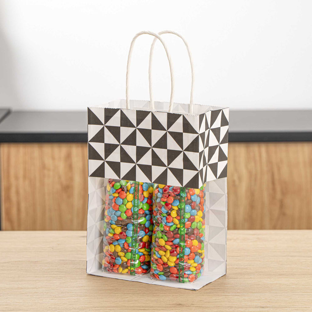 Vogue White Paper Small Shopping Bag - Black Geo Print, with Handles - 6" x 3 1/4" x 8 1/4" - 100 count box