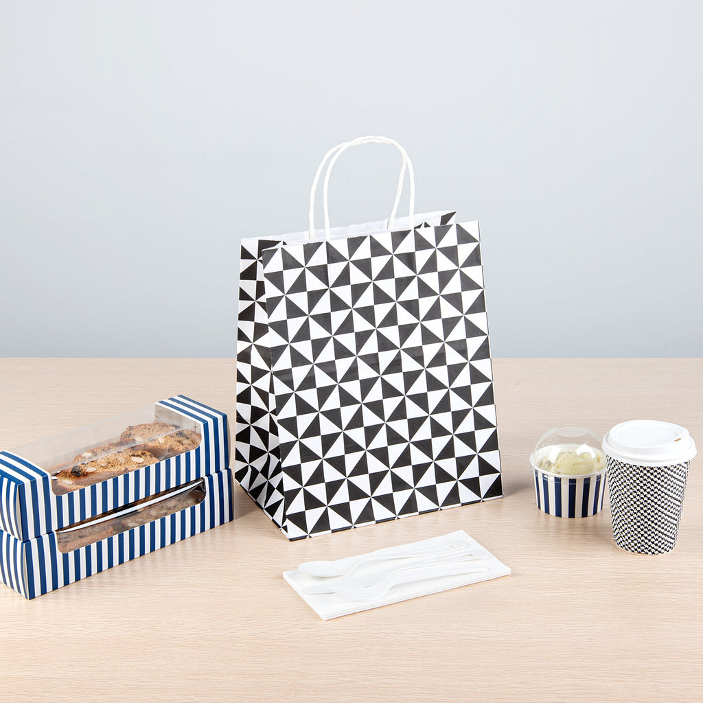 Vogue White Paper Medium Shopping Bag - Black Geo Print, with Handles - 10" x 6 3/4" x 12" - 100 count box