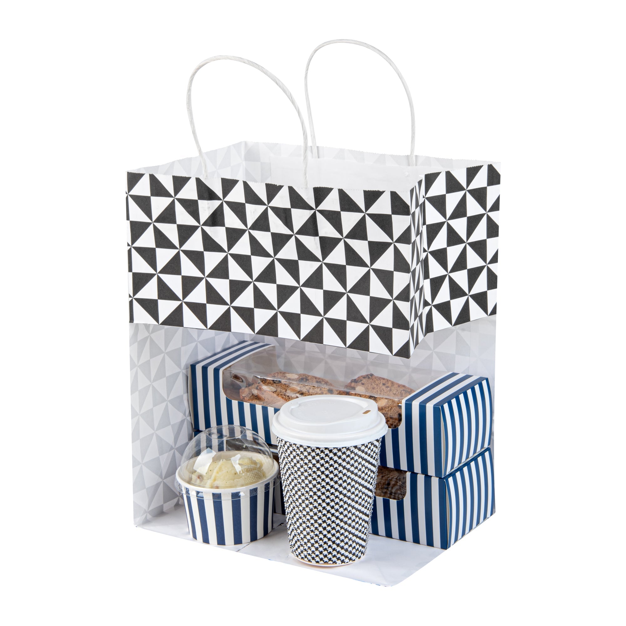 Vogue White Paper Medium Shopping Bag - Black Geo Print, with Handles - 10" x 6 3/4" x 12" - 100 count box