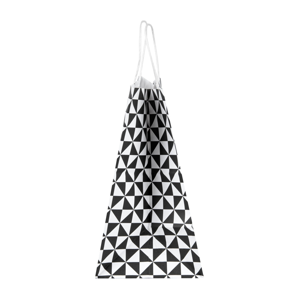 Vogue White Paper Medium Shopping Bag - Black Geo Print, with Handles - 10" x 6 3/4" x 12" - 100 count box