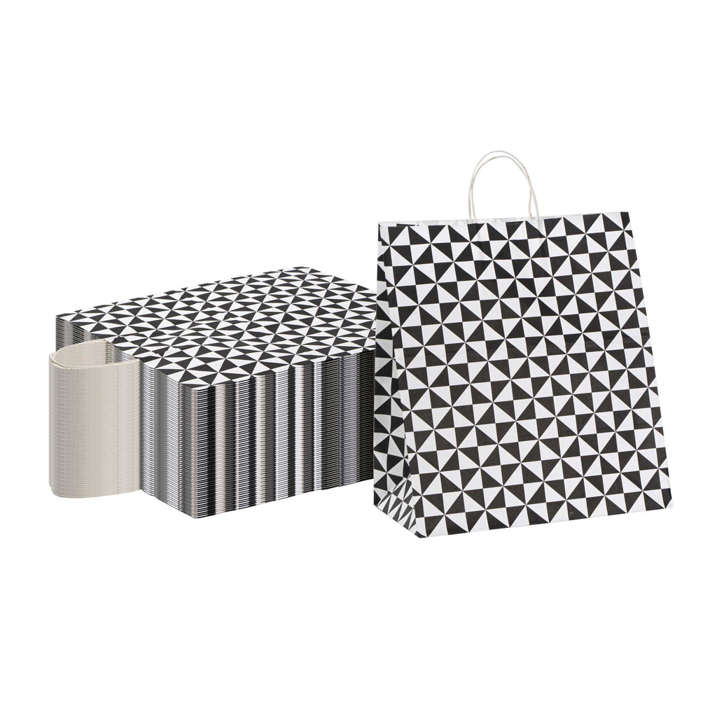 Vogue White Paper Large Shopping Bag - Black Geo Print, with Handles - 16" x 9 3/4" x 17 1/4" - 100 count box