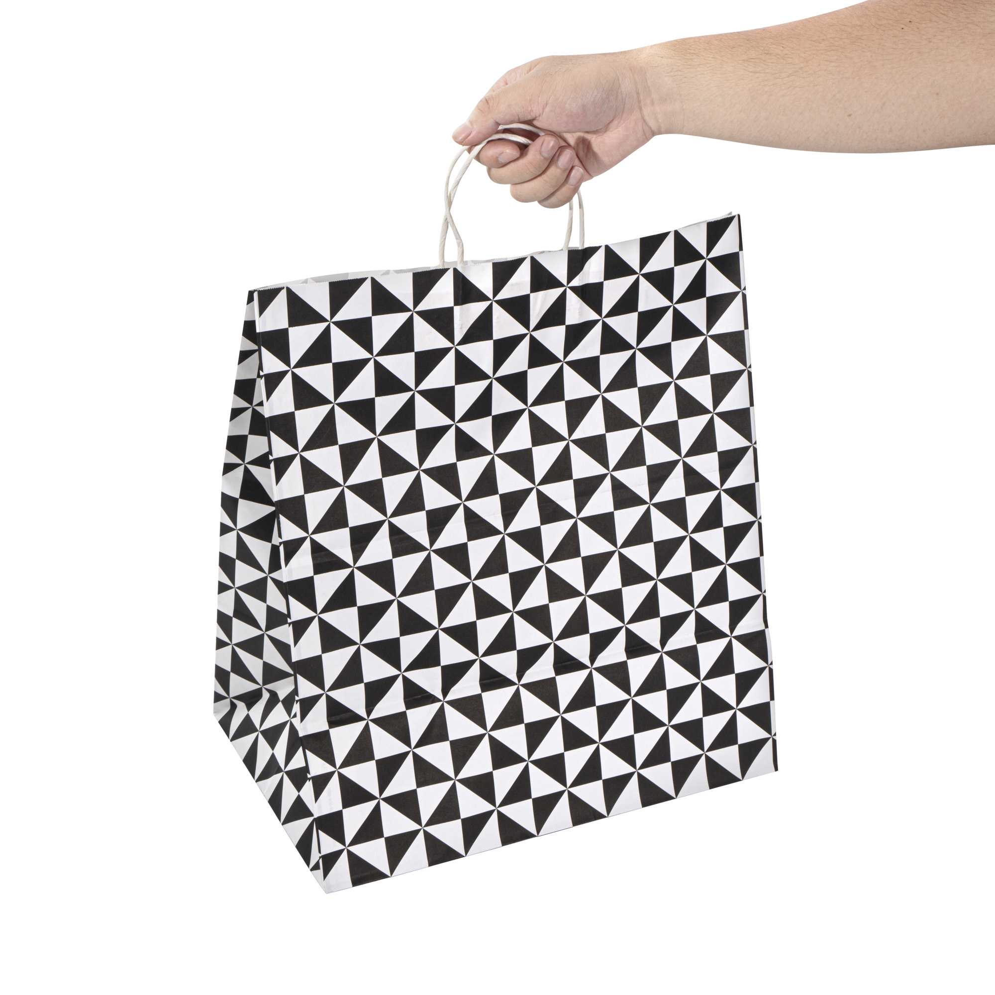Vogue White Paper Large Shopping Bag - Black Geo Print, with Handles - 16" x 9 3/4" x 17 1/4" - 100 count box