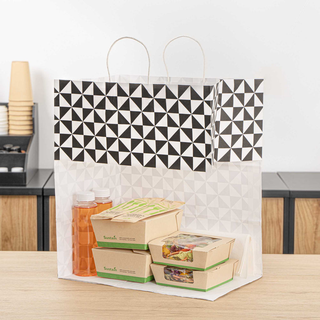 Vogue White Paper Large Shopping Bag - Black Geo Print, with Handles - 16" x 9 3/4" x 17 1/4" - 100 count box