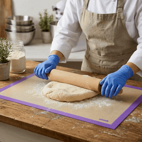 Pastry Tek Rectangle Tan and Purple Silicone Full Size Baking Mat - Allergen Safe, Color-Coded - 15 3/4" x 23 1/2" - 1 count box