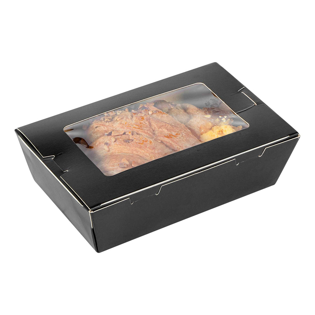 Cafe Vision 21 oz Black Paper Small Take Out Container - Hinge Lock - 6 1/4" x 4" x 1 3/4" - 50 count box