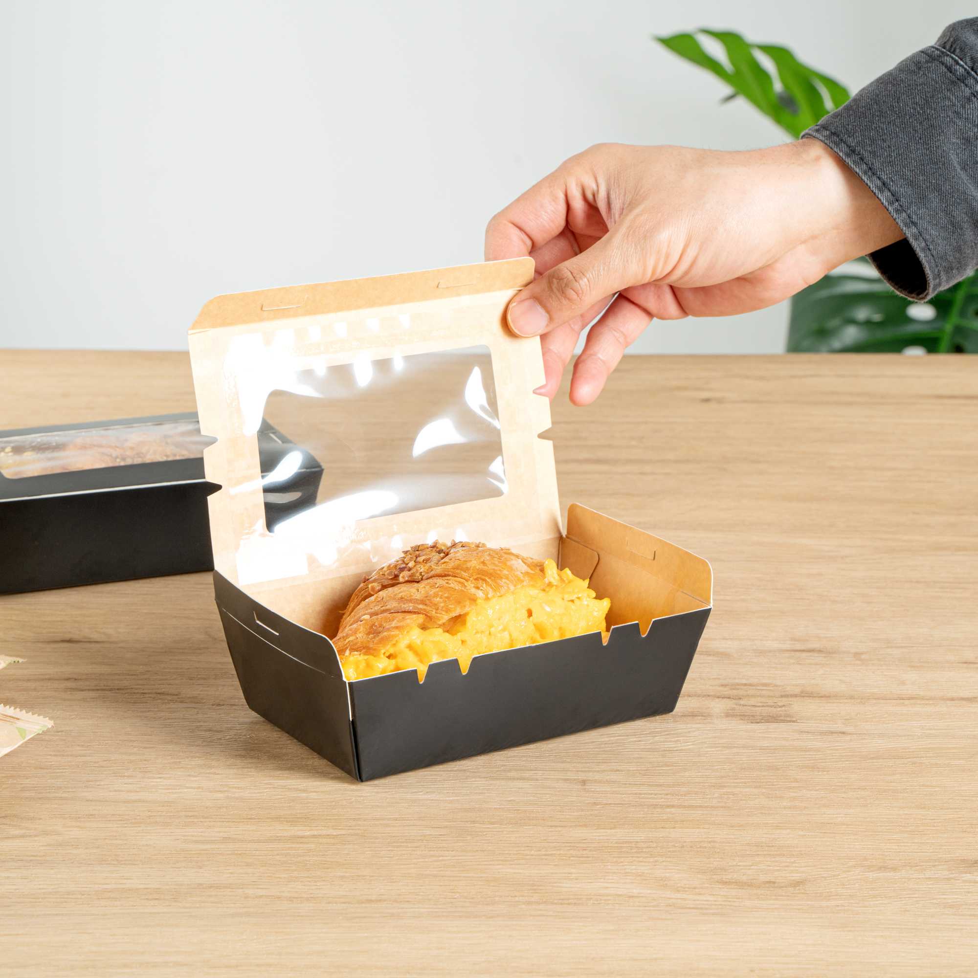 Cafe Vision 21 oz Black Paper Small Take Out Container - Hinge Lock - 6 1/4" x 4" x 1 3/4" - 50 count box