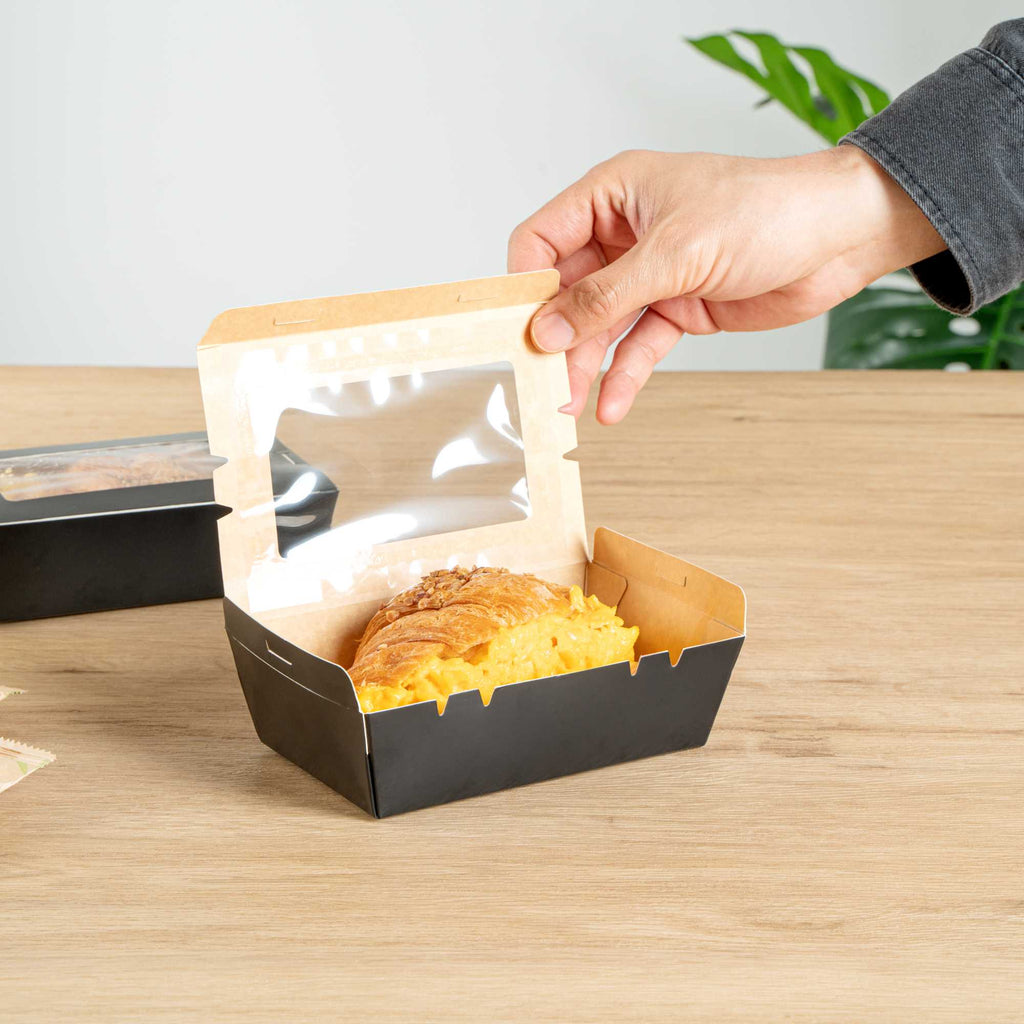 Cafe Vision 21 oz Black Paper Small Take Out Container - Hinge Lock - 6 1/4" x 4" x 1 3/4" - 200 count box