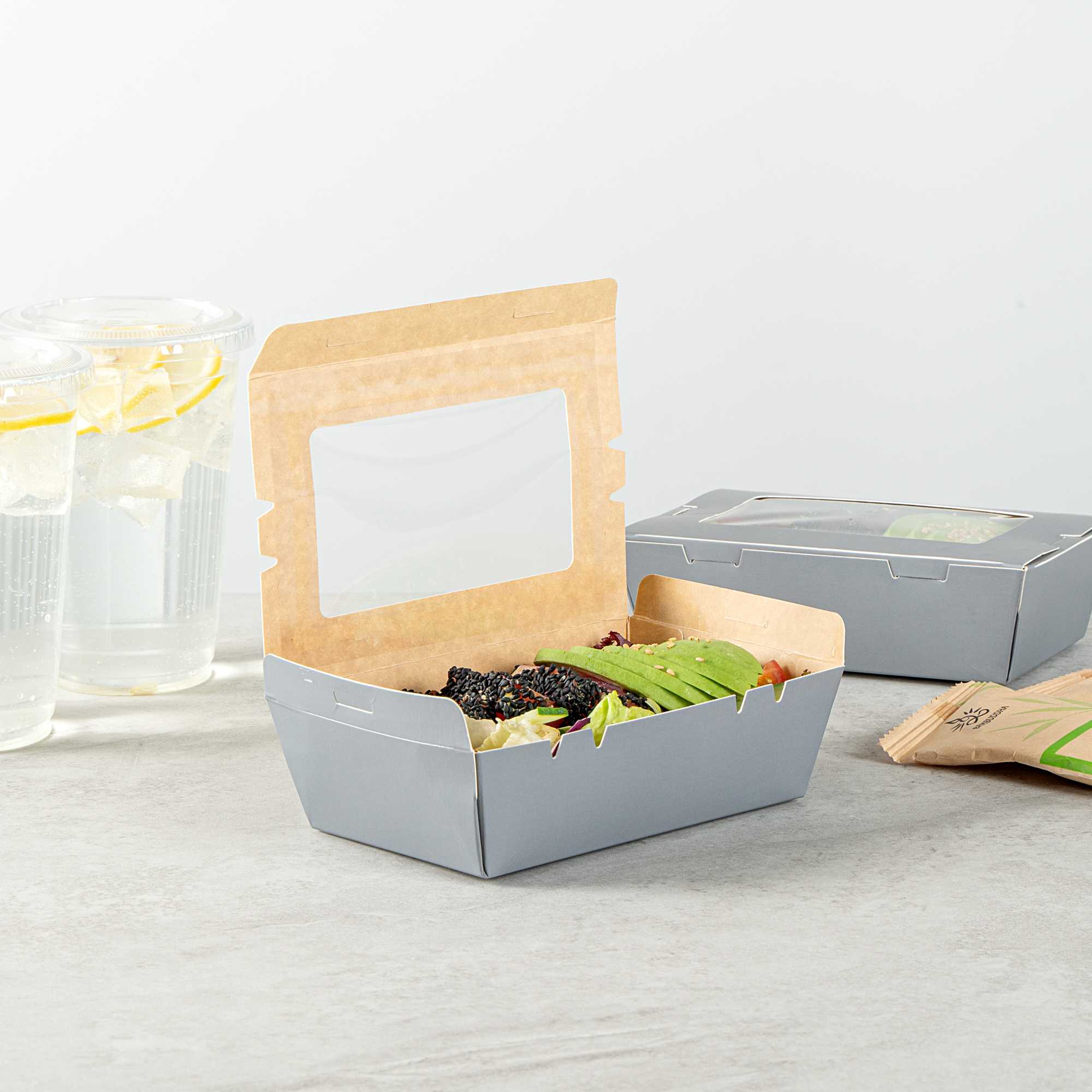 Cafe Vision 21 oz Gray Paper Take Out Container - Hinge Lock - 6 1/4" x 4" x 1 3/4" - 200 count box