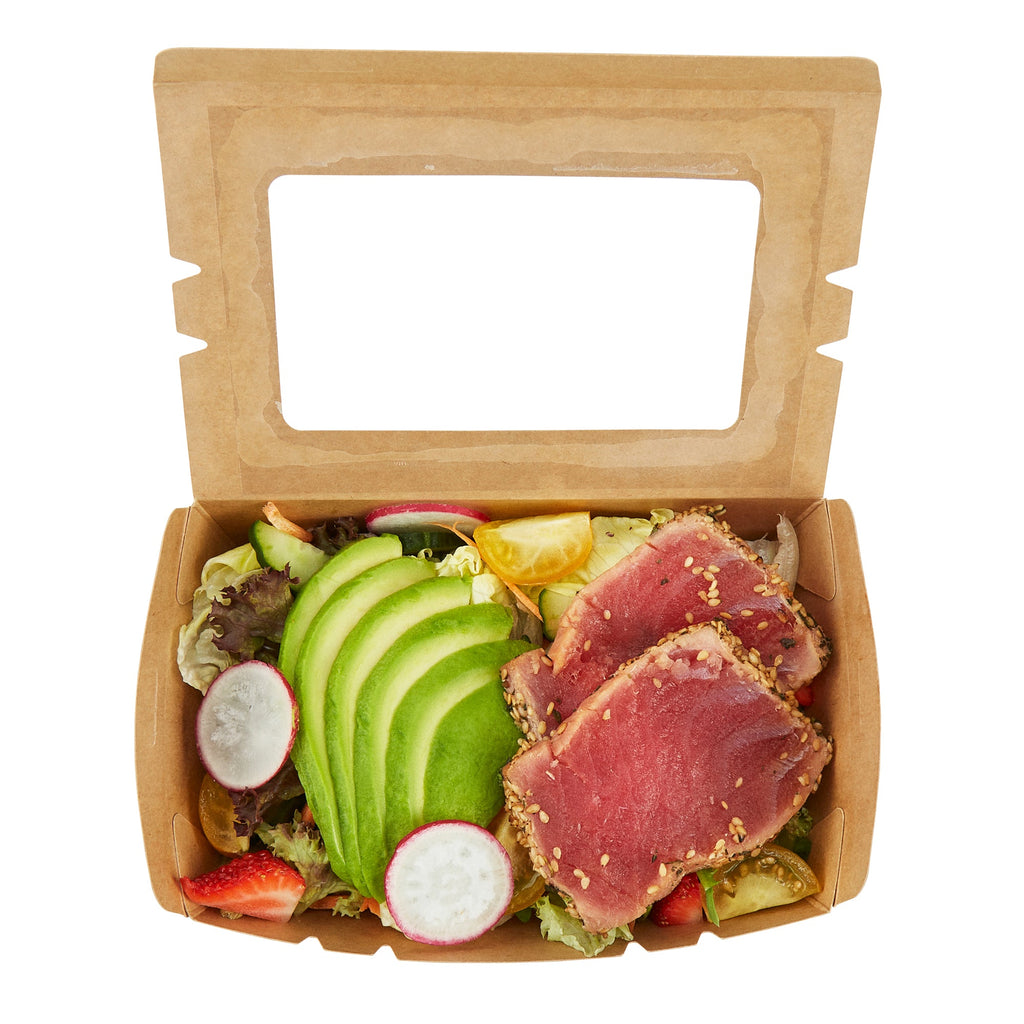 Cafe Vision 21 oz Kraft Paper Small Take Out Container - Hinge Lock - 6 1/4'' x 4'' x 1 3/4'' - 50 count box