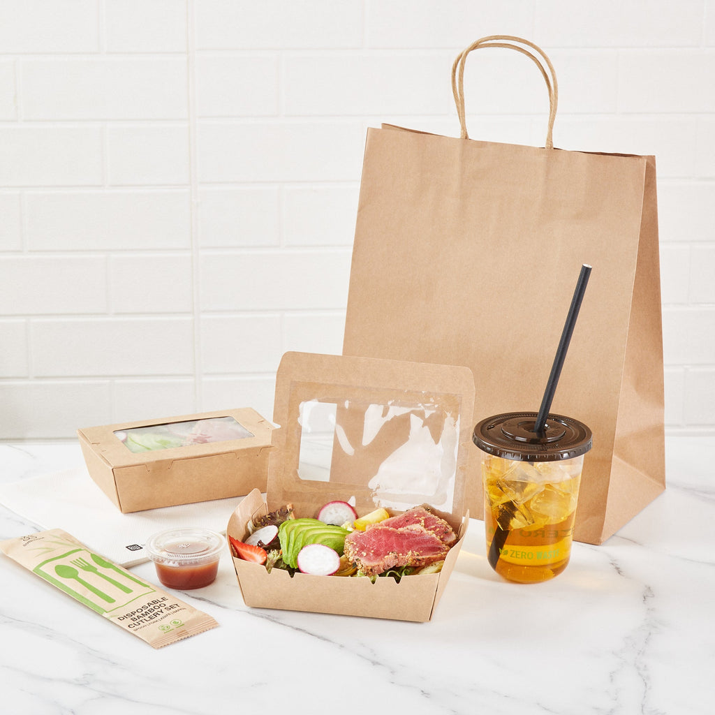 Cafe Vision 21 oz Kraft Paper Small Take Out Container - Hinge Lock - 6 1/4'' x 4'' x 1 3/4'' - 50 count box