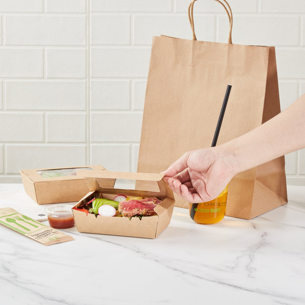 Cafe Vision 21 oz Kraft Paper Small Take Out Container - Hinge Lock - 6 1/4'' x 4'' x 1 3/4'' - 50 count box