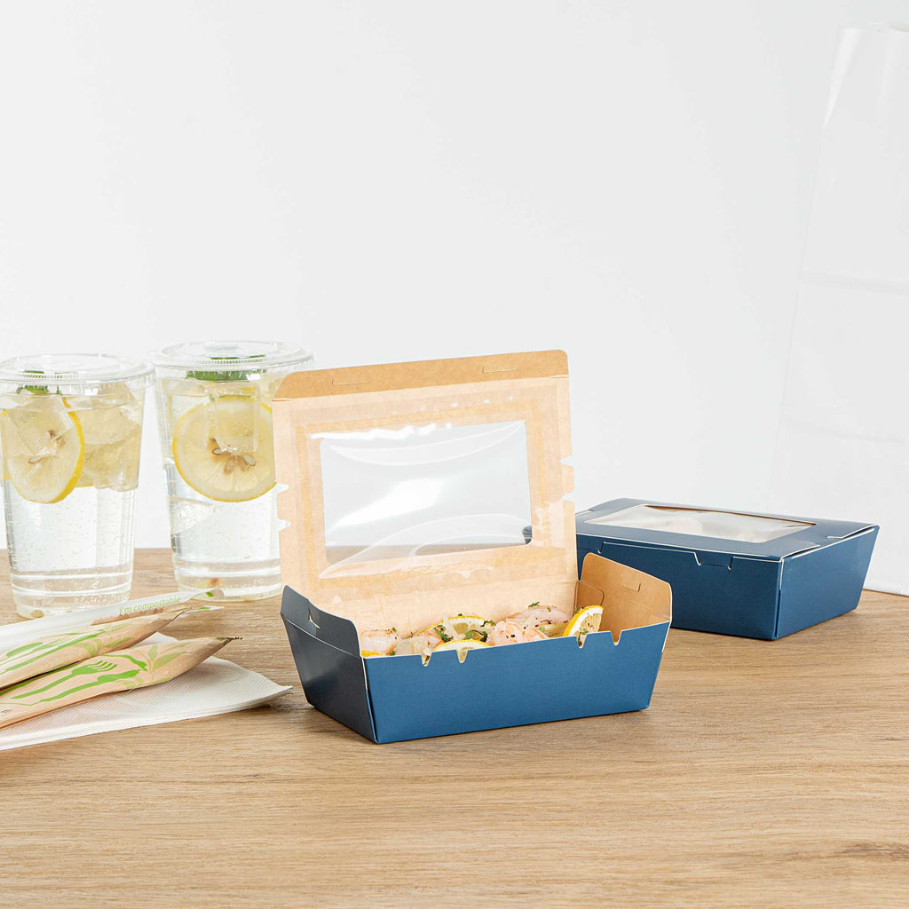 Cafe Vision 21 oz Midnight Blue Paper Small Take Out Container - Hinge Lock - 6 1/4" x 4" x 1 3/4" - 50 count box
