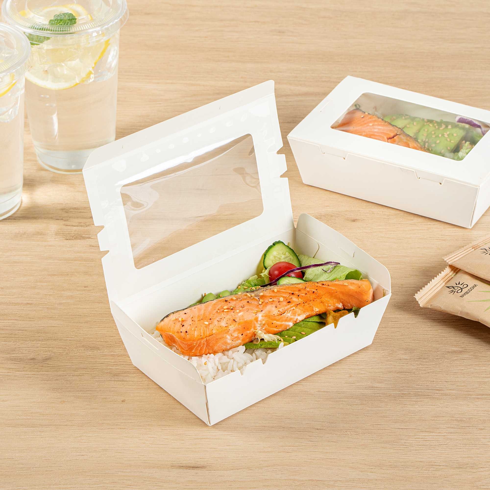 Cafe Vision 21 oz White Paper Small Take Out Container - Hinge Lock - 6 1/4" x 4" x 1 3/4" - 50 count box