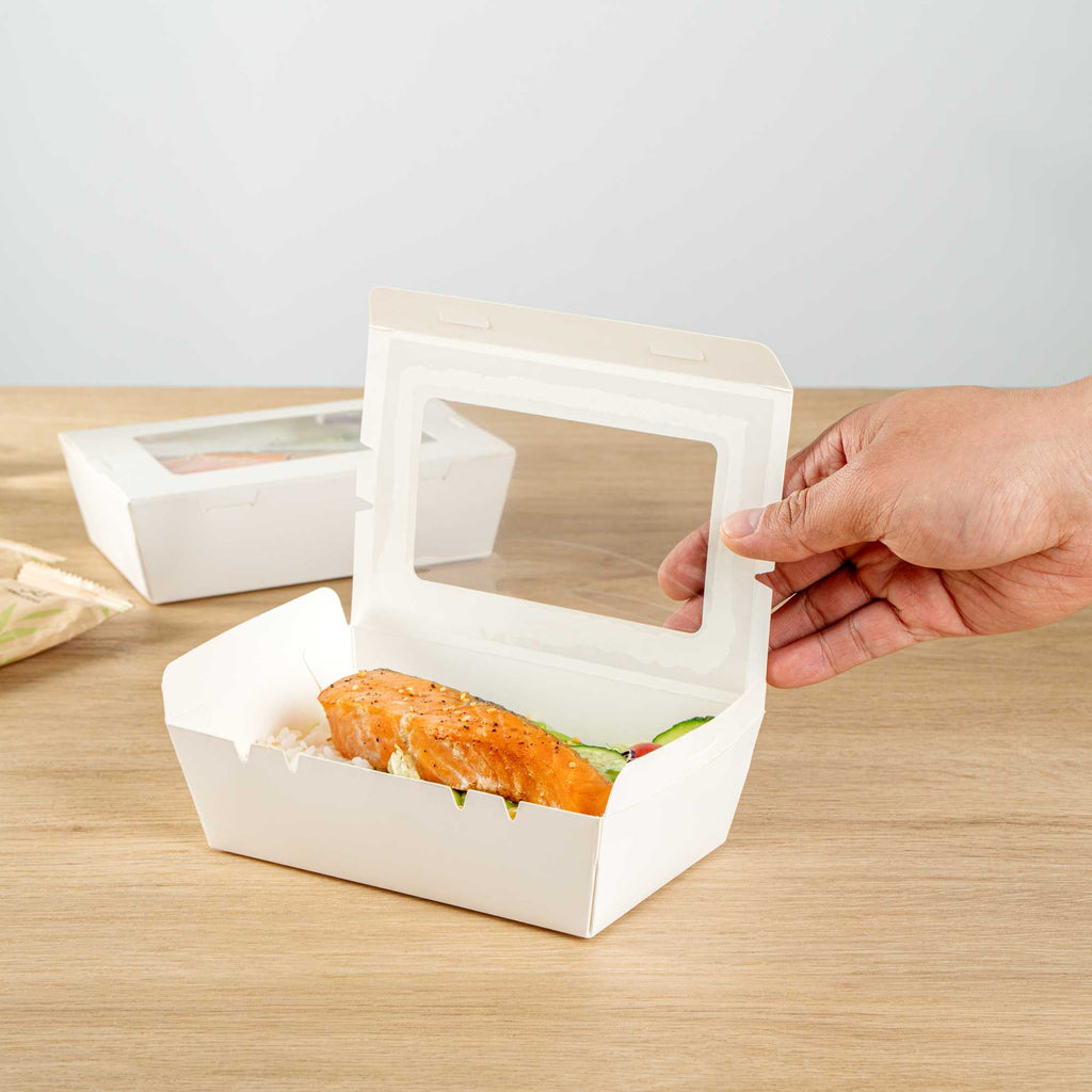 Cafe Vision 21 oz White Paper Small Take Out Container - Hinge Lock - 6 1/4" x 4" x 1 3/4" - 50 count box
