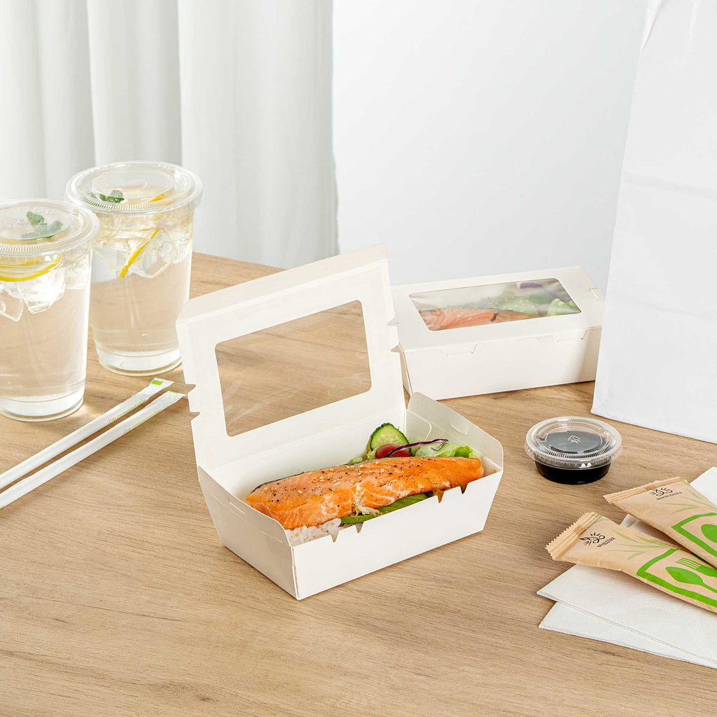 Cafe Vision 21 oz White Paper Small Take Out Container - Hinge Lock - 6 1/4" x 4" x 1 3/4" - 50 count box