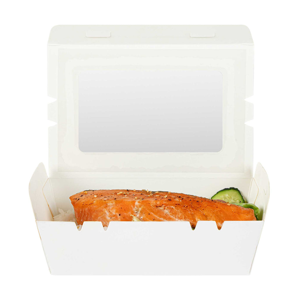 Cafe Vision 21 oz White Paper Small Take Out Container - Hinge Lock - 6 1/4" x 4" x 1 3/4" - 200 count box