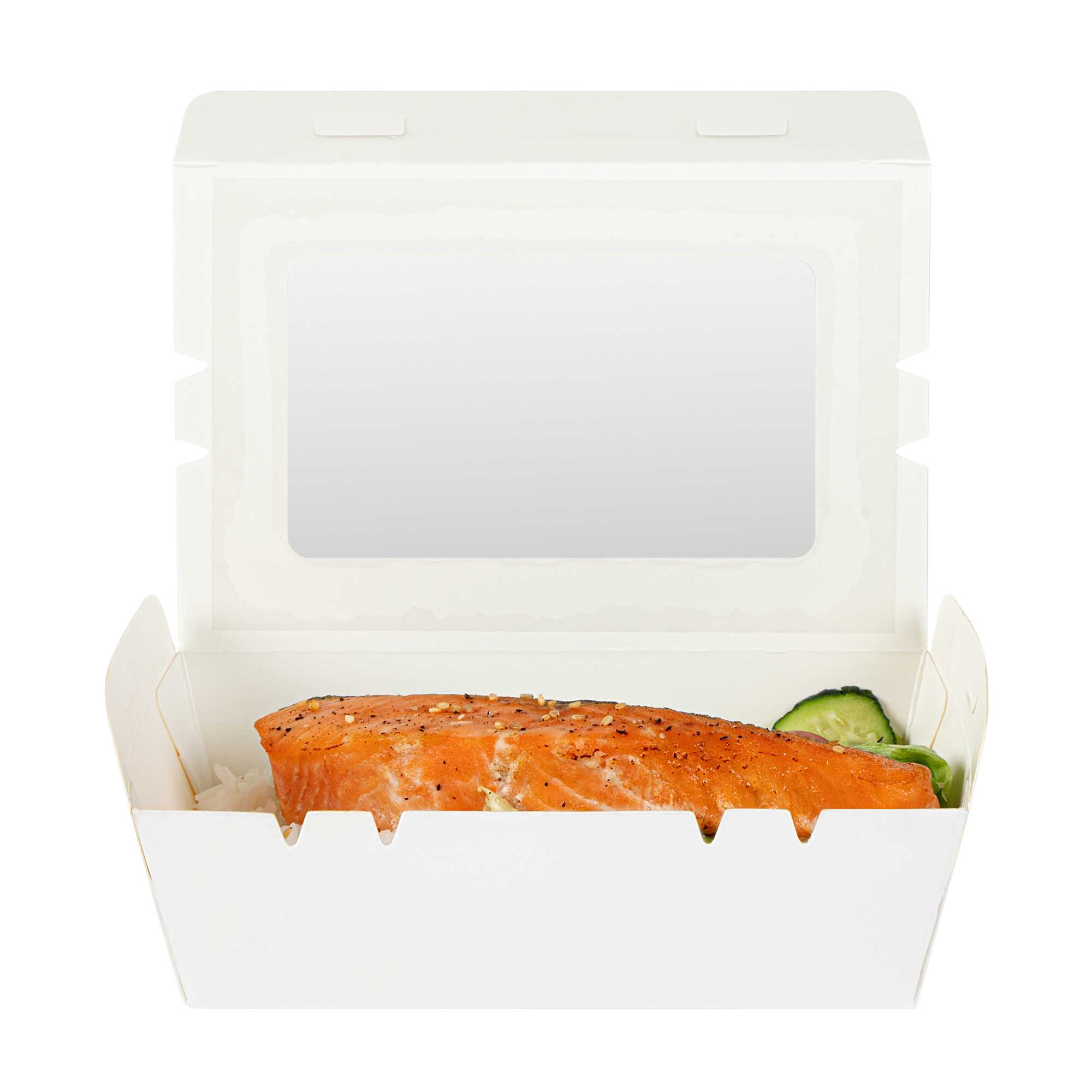 Cafe Vision 21 oz White Paper Small Take Out Container - Hinge Lock - 6 1/4" x 4" x 1 3/4" - 200 count box