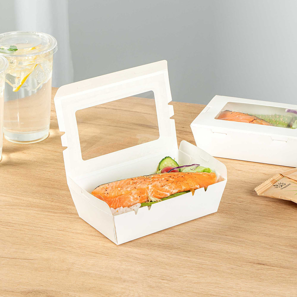 Cafe Vision 21 oz White Paper Small Take Out Container - Hinge Lock - 6 1/4" x 4" x 1 3/4" - 200 count box