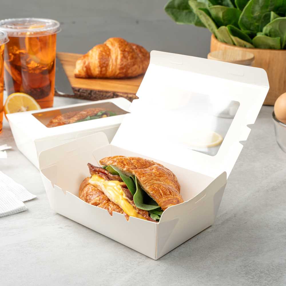 Cafe Vision 21 oz White Paper Small Take Out Container - Hinge Lock - 6 1/4" x 4" x 1 3/4" - 200 count box