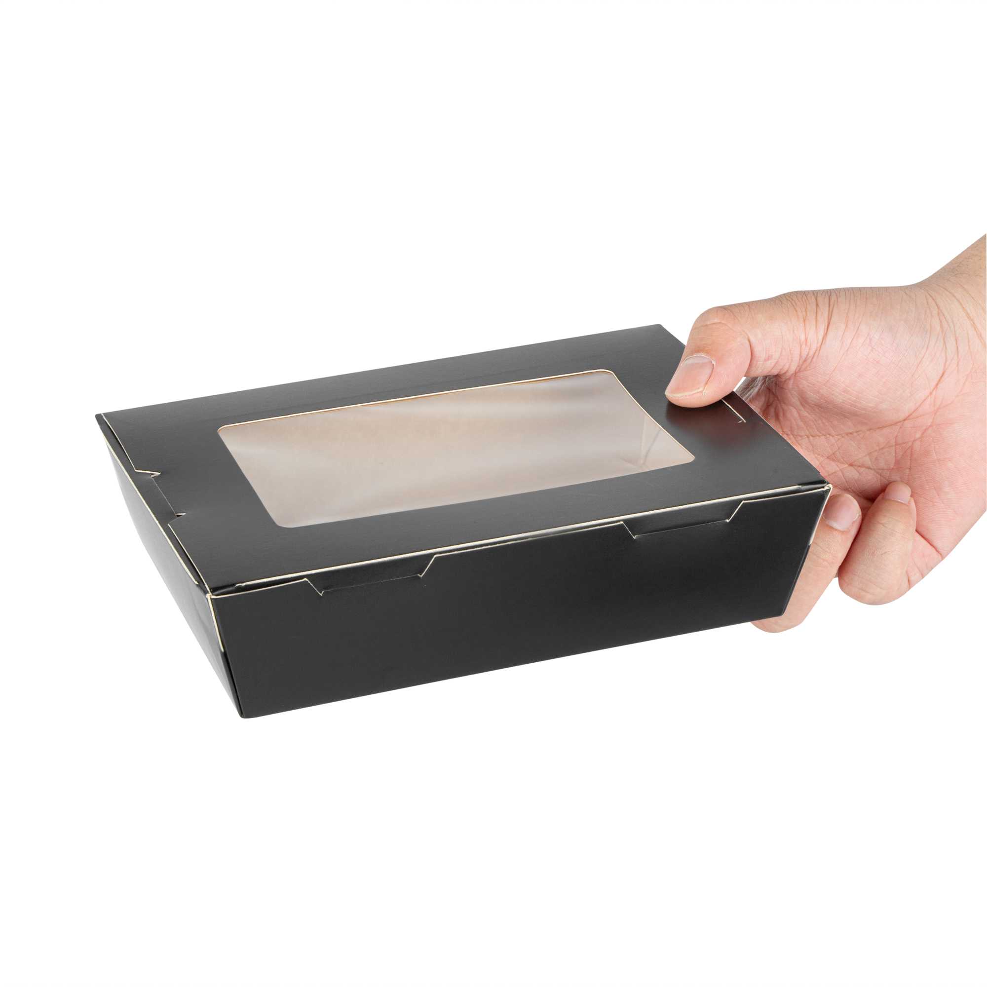 Cafe Vision 42 oz Black Paper Medium Take Out Container - Hinge Lock - 8" x 5 1/2" x 2" - 50 count box