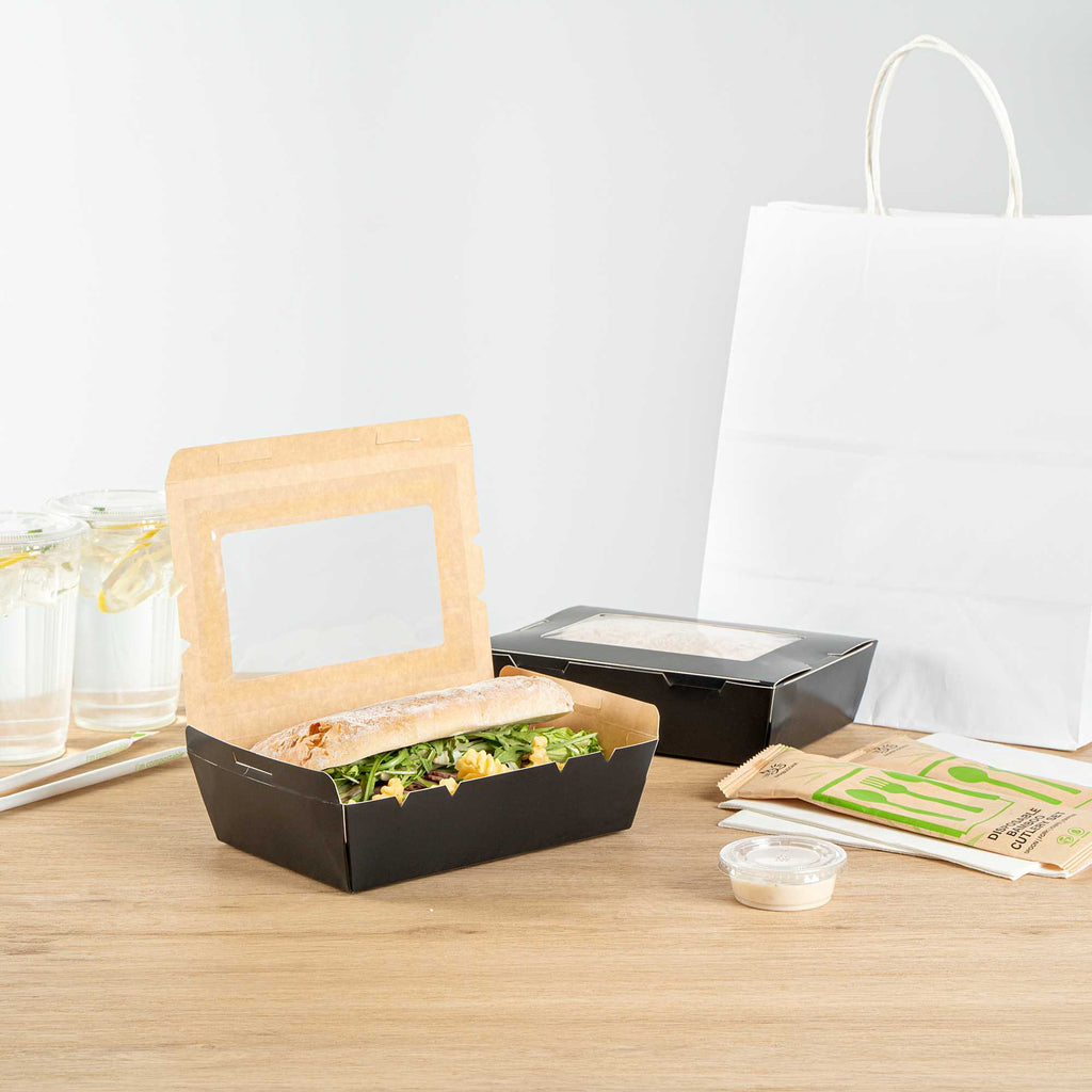 Cafe Vision 42 oz Black Paper Medium Take Out Container - Hinge Lock - 8" x 5 1/2" x 2" - 50 count box