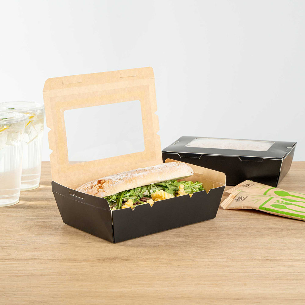 Cafe Vision 42 oz Black Paper Medium Take Out Container - Hinge Lock - 8" x 5 1/2" x 2" - 200 count box