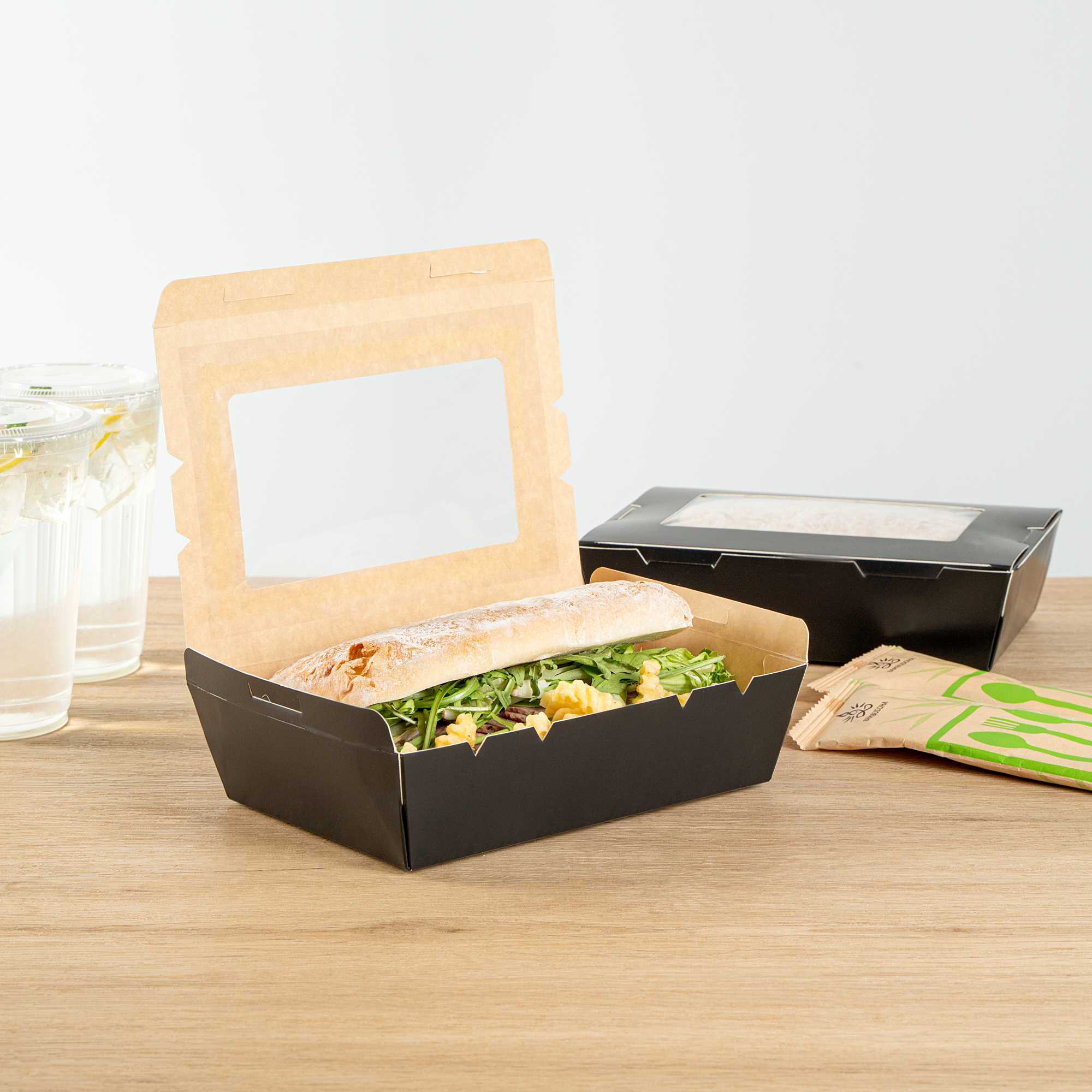 Cafe Vision 42 oz Black Paper Medium Take Out Container - Hinge Lock - 8" x 5 1/2" x 2" - 200 count box