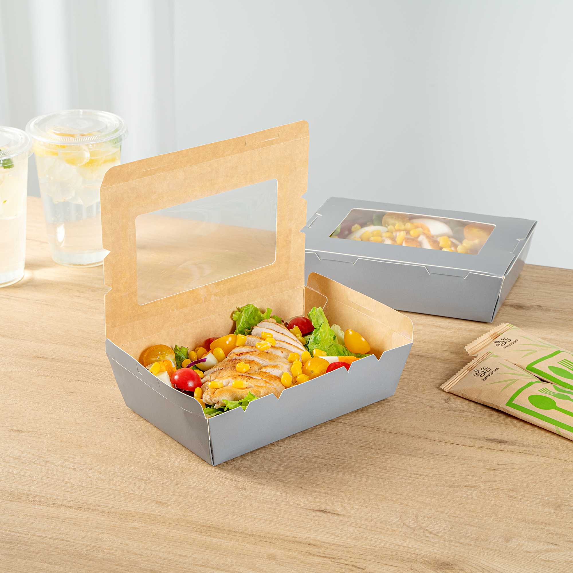 Cafe Vision 42 oz Gray Paper Take Out Container - Hinge Lock - 8" x 5 1/2" x 2" - 200 count box