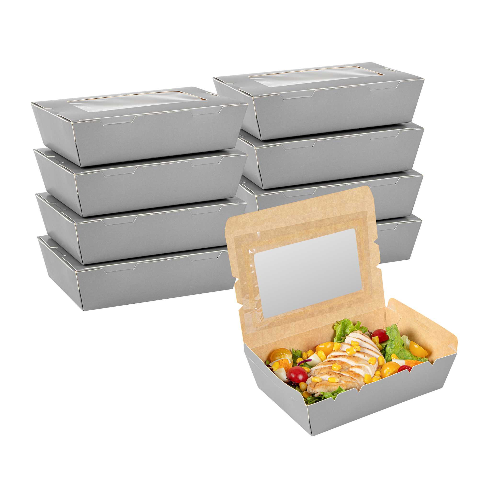 Cafe Vision 42 oz Gray Paper Take Out Container - Hinge Lock - 8" x 5 1/2" x 2" - 50 count box