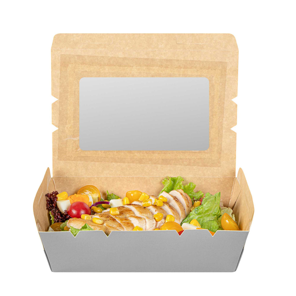 Cafe Vision 42 oz Gray Paper Take Out Container - Hinge Lock - 8" x 5 1/2" x 2" - 50 count box