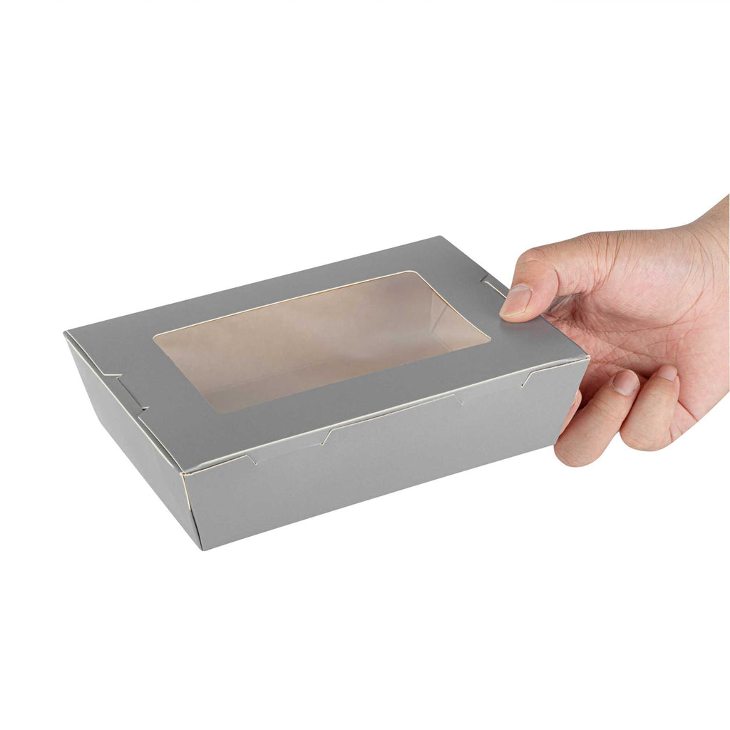 Cafe Vision 42 oz Gray Paper Take Out Container - Hinge Lock - 8" x 5 1/2" x 2" - 50 count box