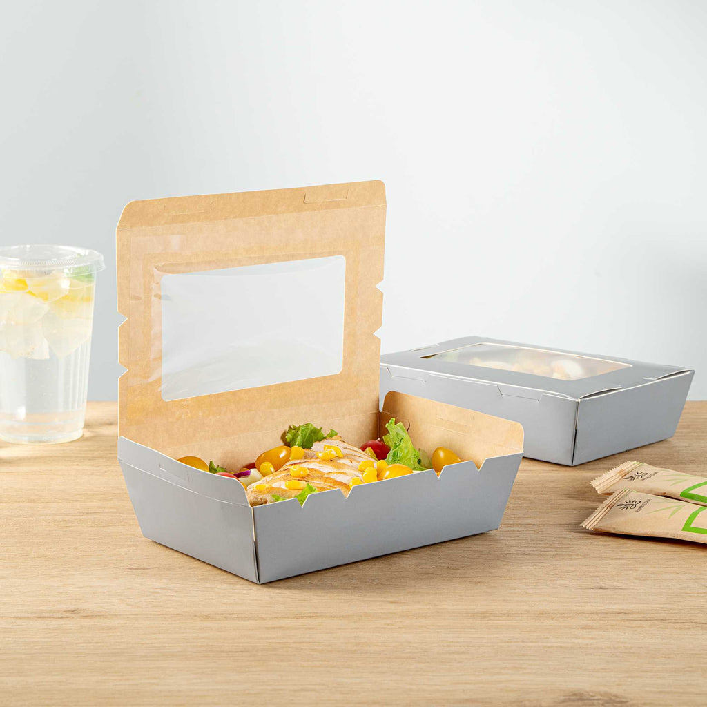 Cafe Vision 42 oz Gray Paper Take Out Container - Hinge Lock - 8" x 5 1/2" x 2" - 50 count box