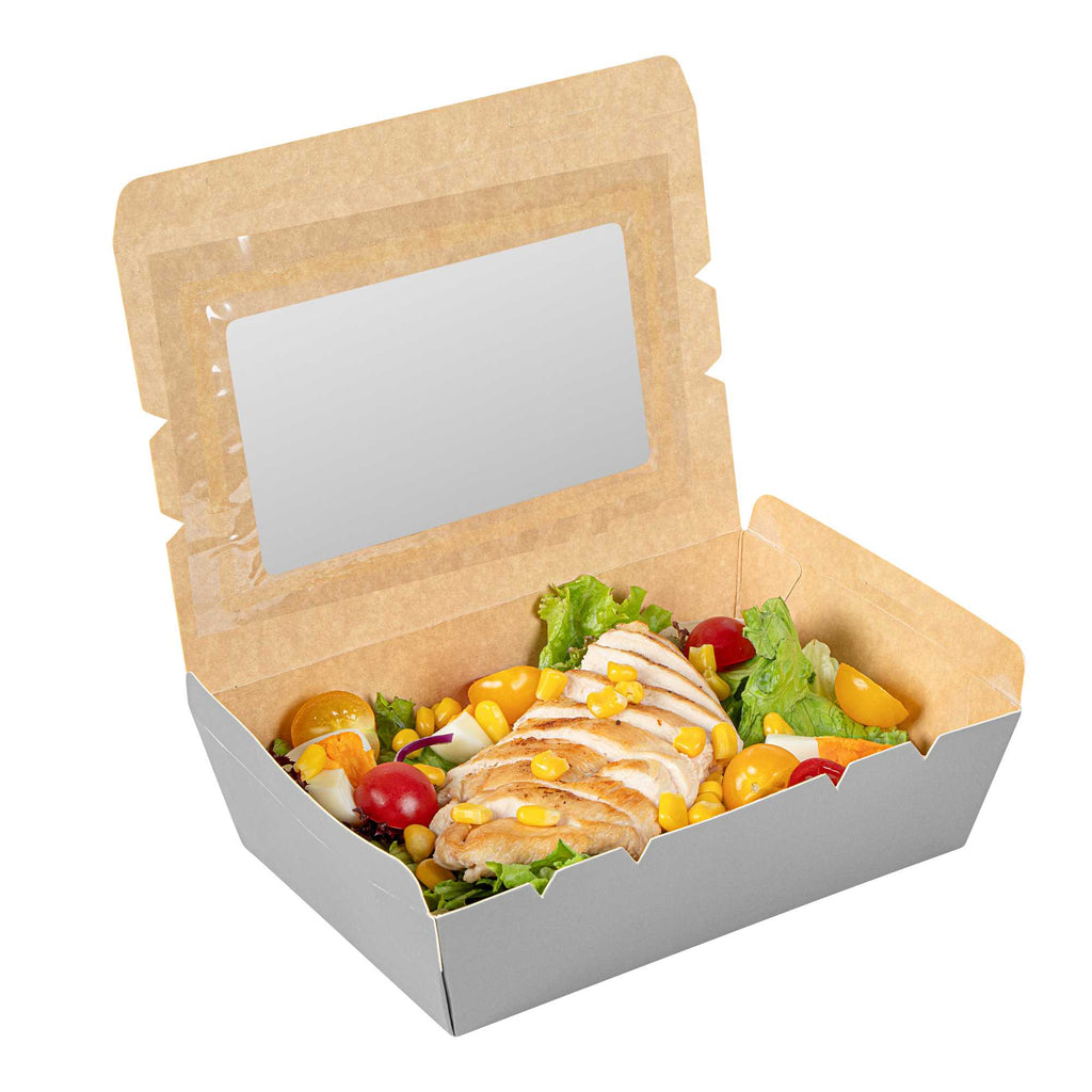 Cafe Vision 42 oz Gray Paper Take Out Container - Hinge Lock - 8" x 5 1/2" x 2" - 200 count box