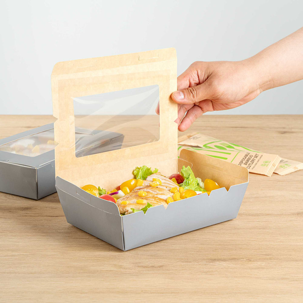 Cafe Vision 42 oz Gray Paper Take Out Container - Hinge Lock - 8" x 5 1/2" x 2" - 200 count box