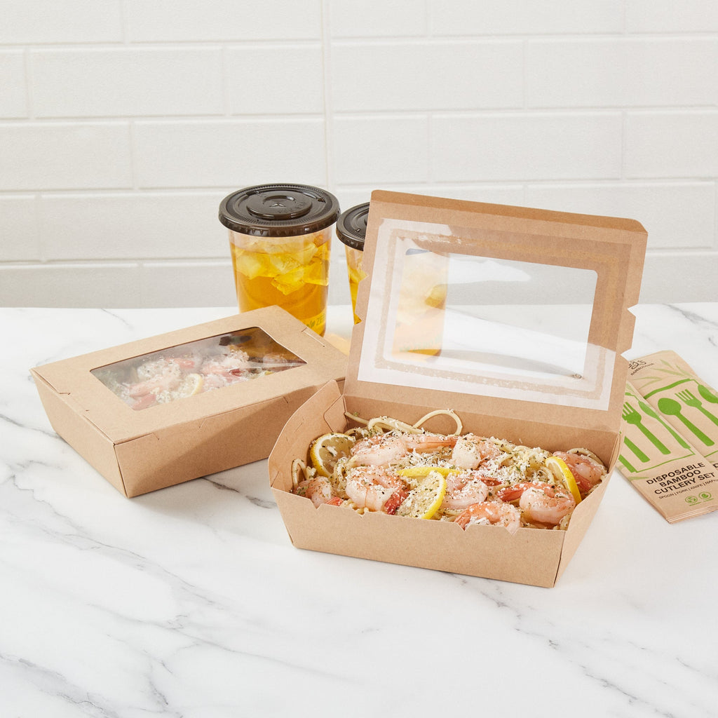 Cafe Vision 42 oz Kraft Paper Medium Take Out Container - Hinge Lock - 8'' x 5 1/2'' x 2'' - 50 count box