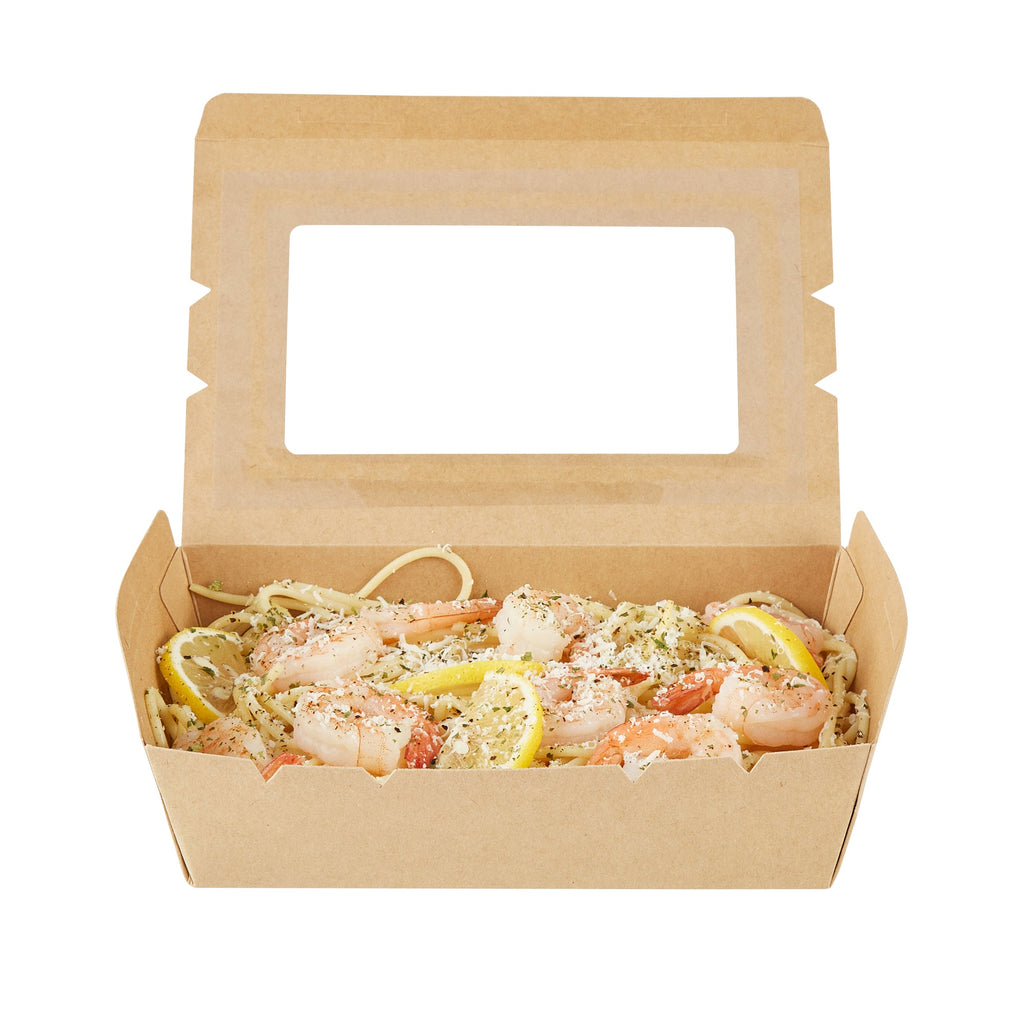 Cafe Vision 42 oz Kraft Paper Medium Take Out Container - Hinge Lock - 8'' x 5 1/2'' x 2'' - 50 count box