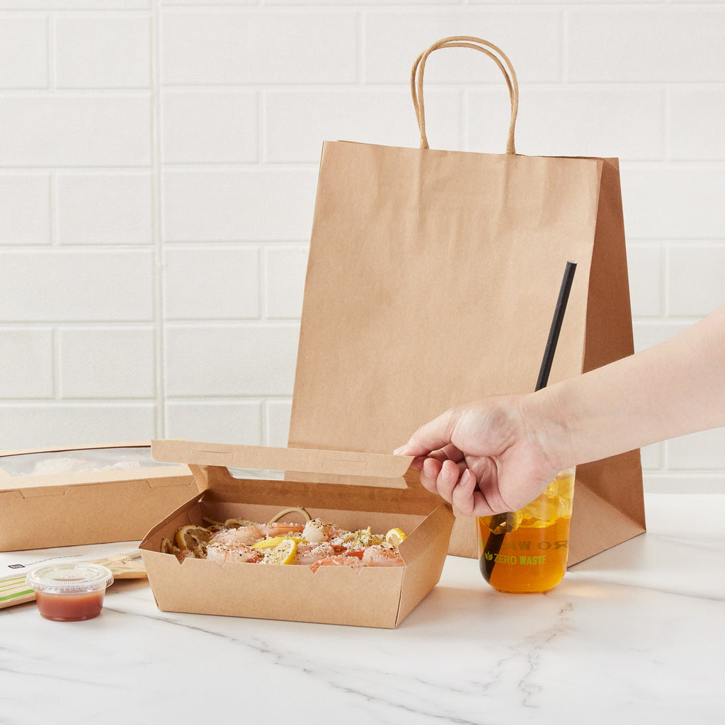 Cafe Vision 42 oz Kraft Paper Medium Take Out Container - Hinge Lock - 8'' x 5 1/2'' x 2'' - 50 count box