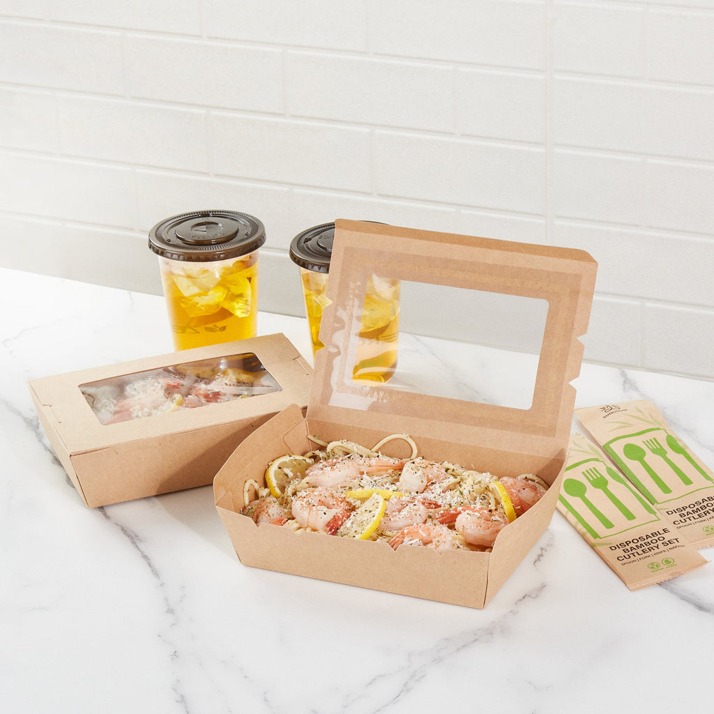 Cafe Vision 42 oz Kraft Paper Medium Take Out Container - Hinge Lock - 8'' x 5 1/2'' x 2'' - 200 count box