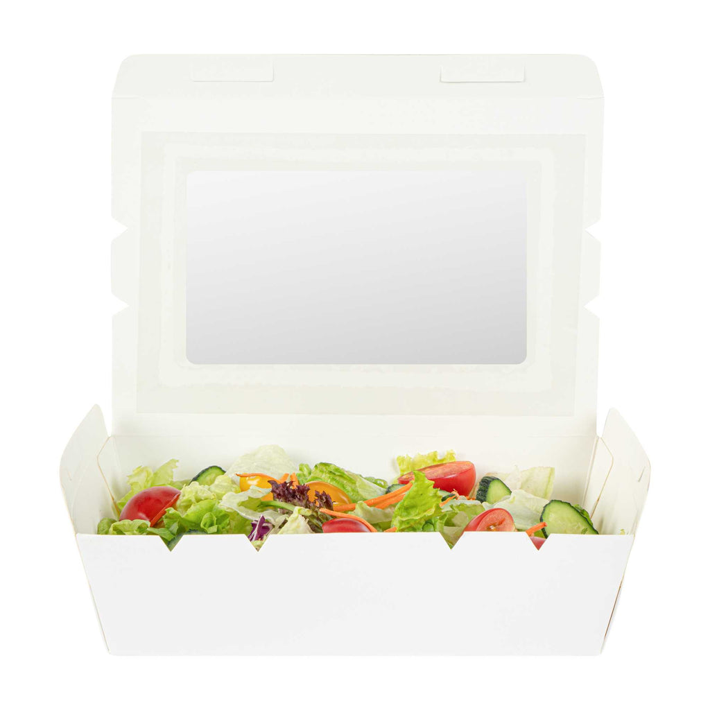 Cafe Vision 42 oz White Paper Medium Take Out Container - Hinge Lock - 8" x 5 1/2" x 2" - 50 count box