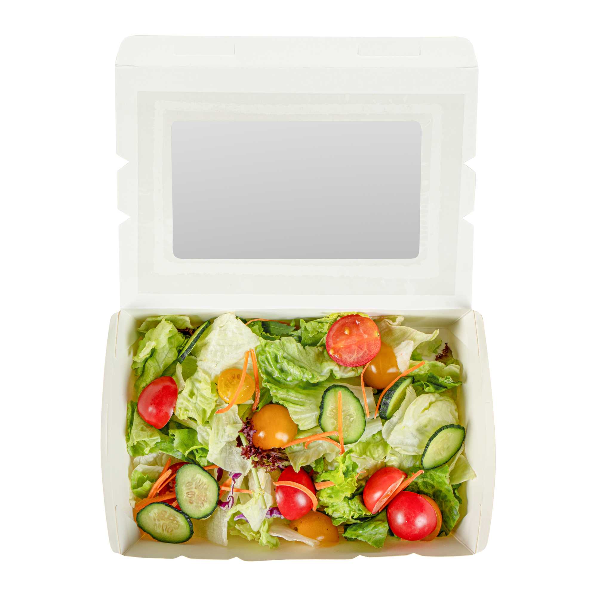 Cafe Vision 42 oz White Paper Medium Take Out Container - Hinge Lock - 8" x 5 1/2" x 2" - 50 count box