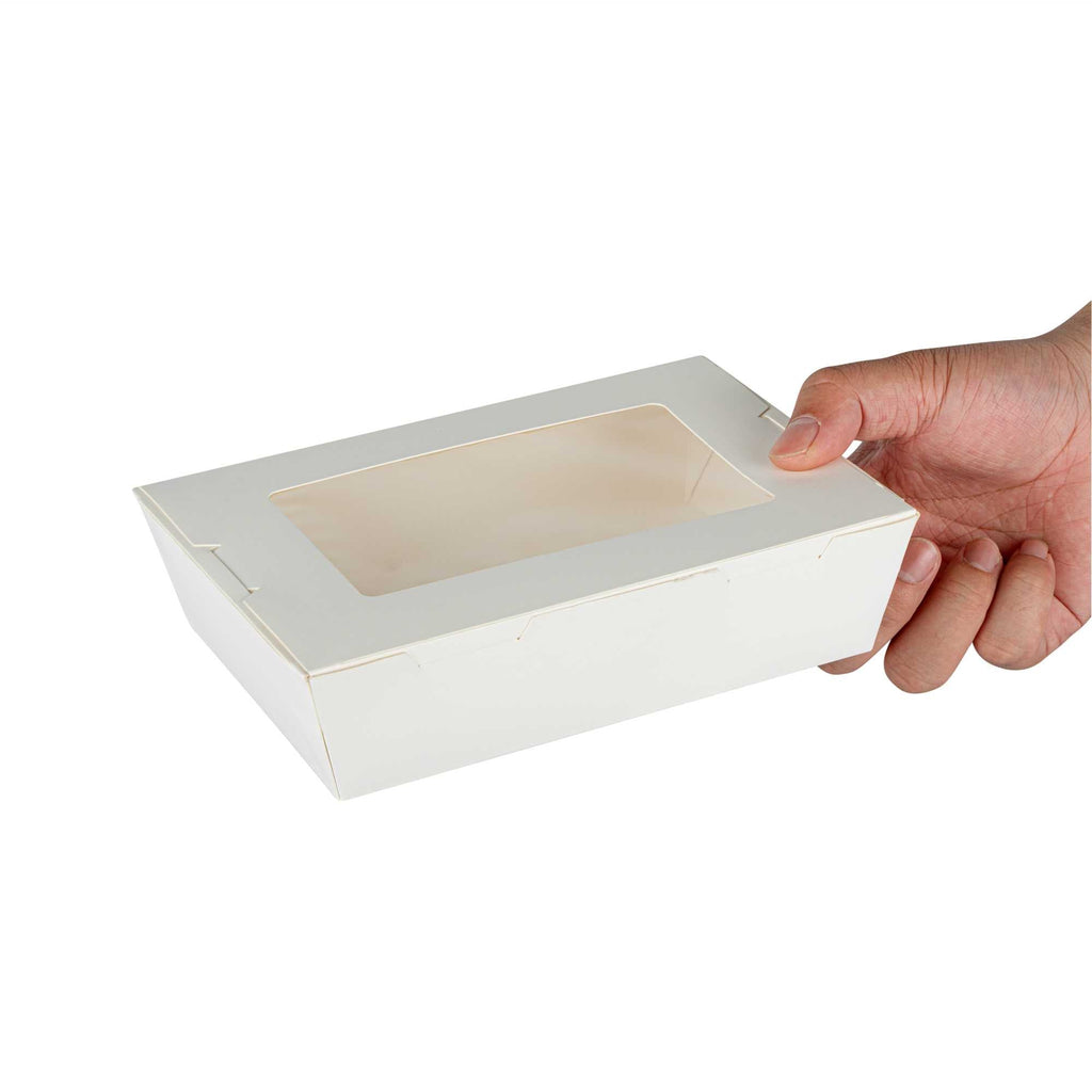 Cafe Vision 42 oz White Paper Medium Take Out Container - Hinge Lock - 8" x 5 1/2" x 2" - 50 count box