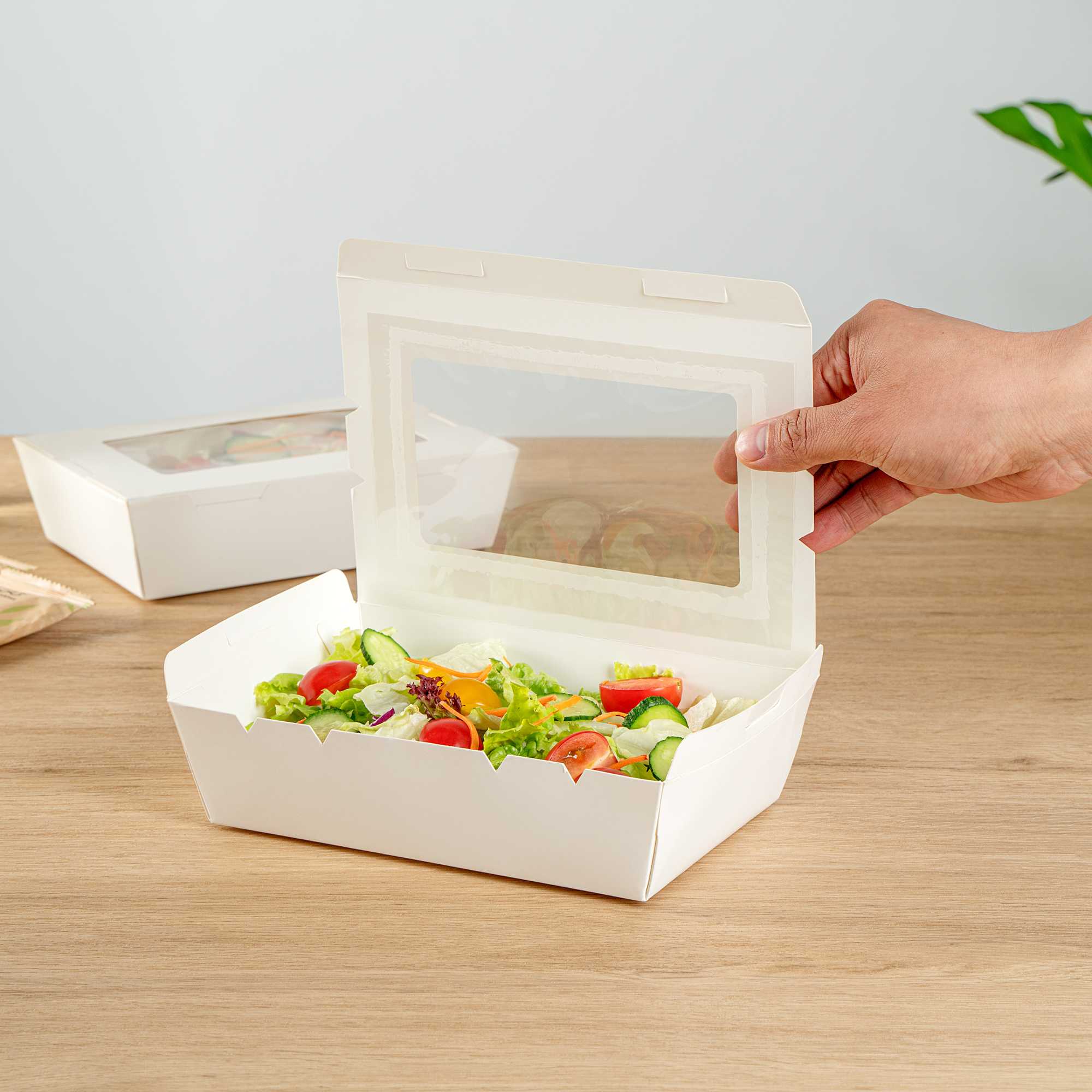 Cafe Vision 42 oz White Paper Medium Take Out Container - Hinge Lock - 8" x 5 1/2" x 2" - 50 count box