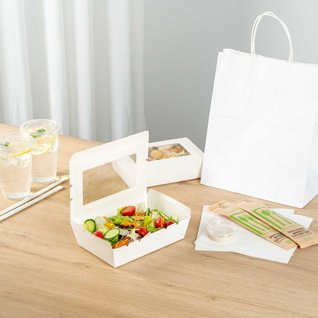 Cafe Vision 42 oz White Paper Medium Take Out Container - Hinge Lock - 8" x 5 1/2" x 2" - 50 count box