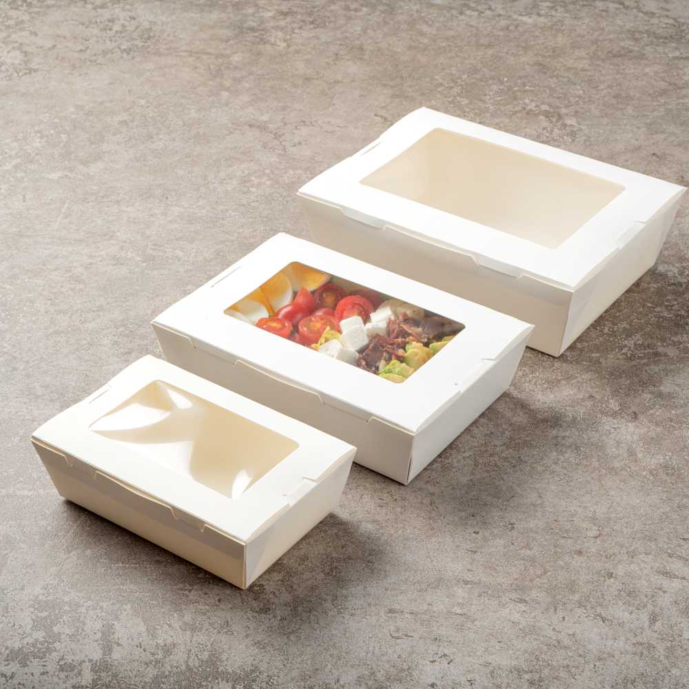 Cafe Vision 42 oz White Paper Medium Take Out Container - Hinge Lock - 8" x 5 1/2" x 2" - 50 count box